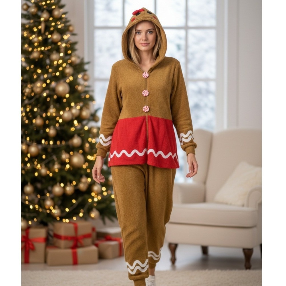 Gingerbread One Piece Pajama‎ Outfit Brown Christmas Cookie Festive Party Size M